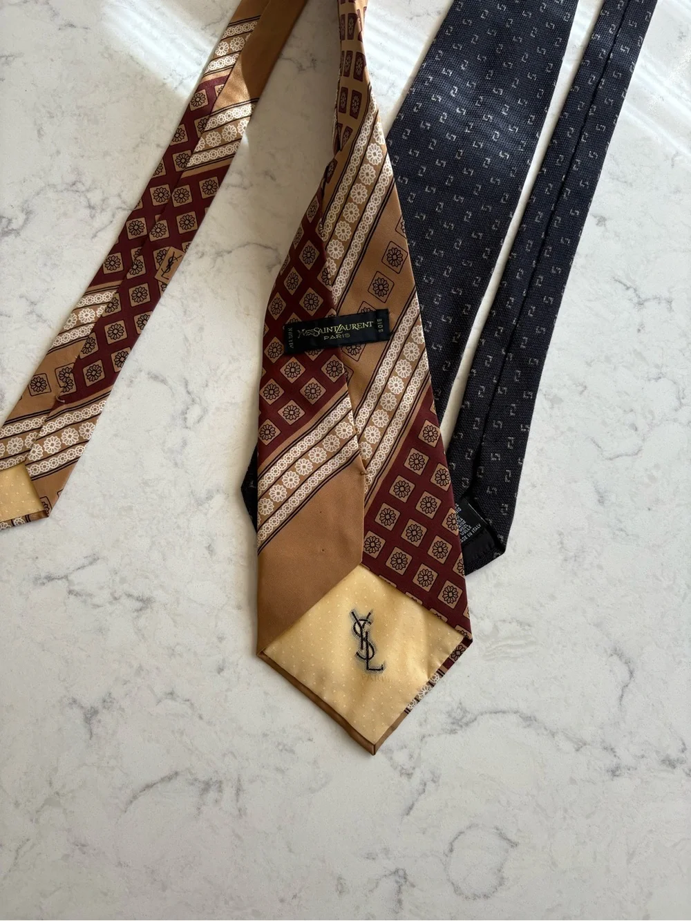 Yves Saint Laurent Brown and Burgundy Geometric Silk Tie + Armani Collezioni Tie